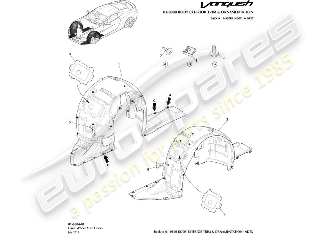 aston martin vanquish (2018) front wheel arch liners parts diagram