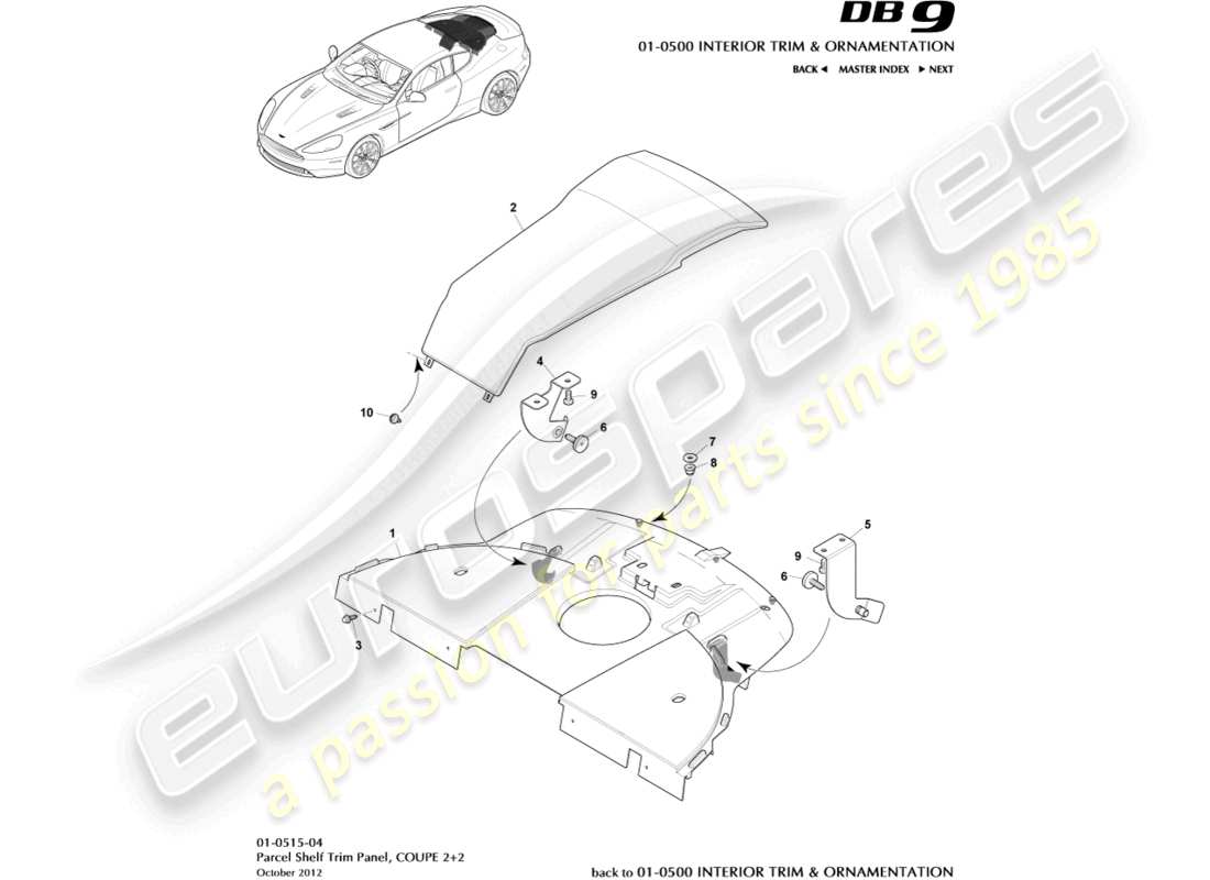 aston martin db9 (2017) parcel shelf trim panel, 2+2 coupe part diagram