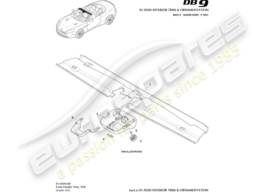 aston martin db9 (2013) front header trim, volante part diagram