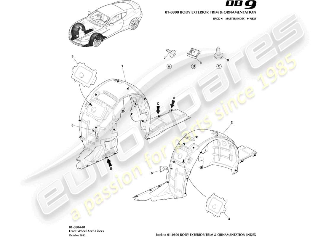 aston martin db9 (2017) front wheel arch liners part diagram