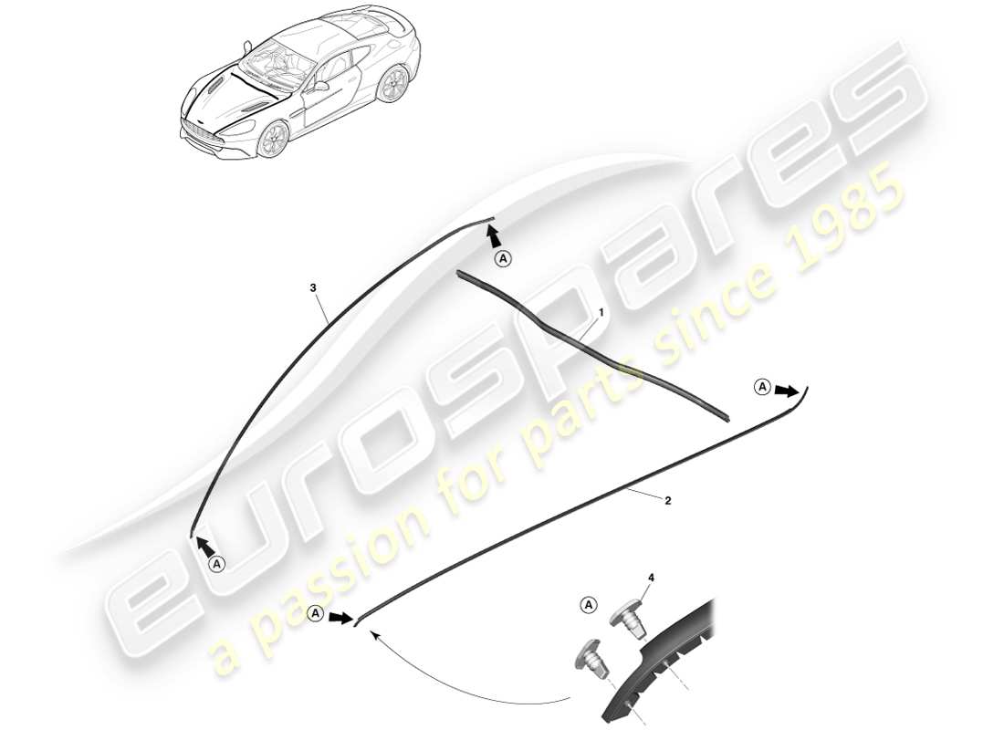 aston martin vanquish (2014) bonnet weatherstrips part diagram