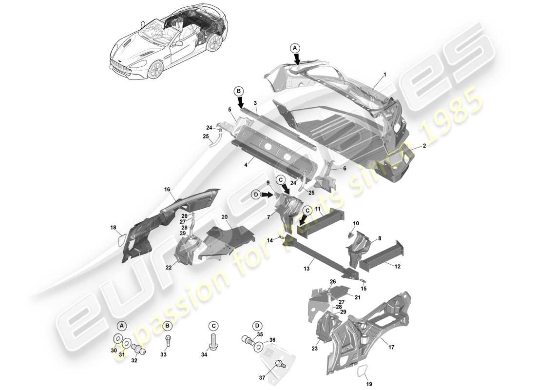 aston martin vanquish (2014) body rear end, volante part diagram
