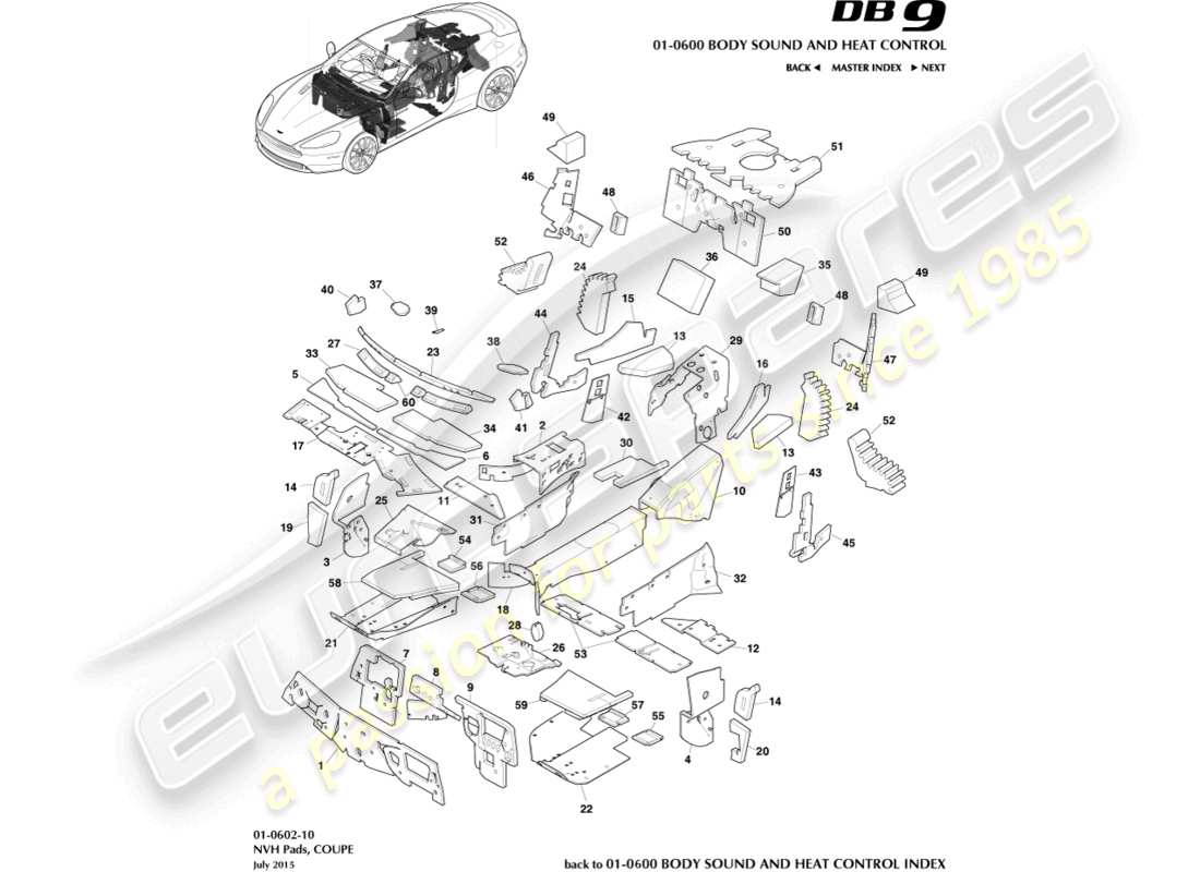 aston martin db9 (2016) nvh pads, coupe part diagram