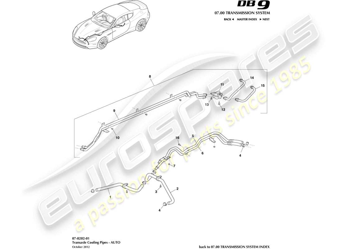 aston martin db9 (2013) transmission oil cooler pipes part diagram