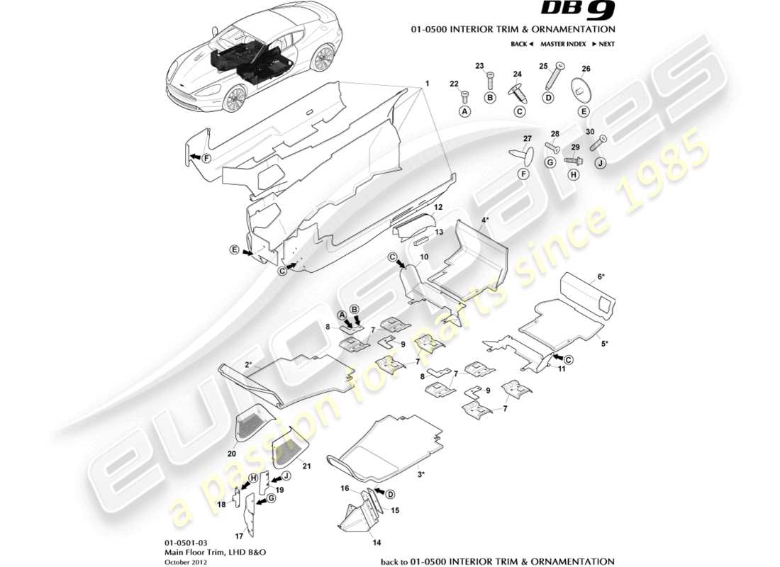 aston martin db9 (2016) main floor trim, lhd, b&o part diagram