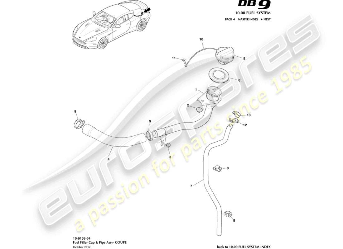 aston martin db9 (2017) fuel filler assembly, coupe part diagram
