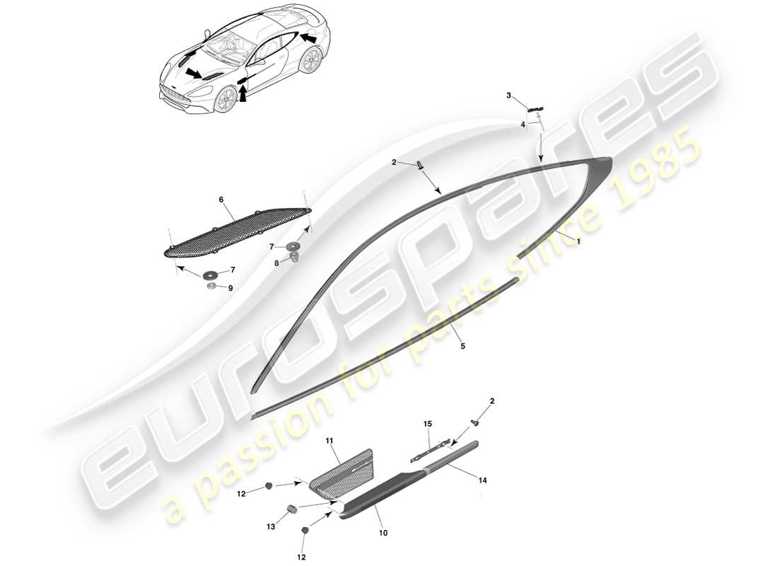 aston martin vanquish (2014) upper exterior finishers, coupe part diagram