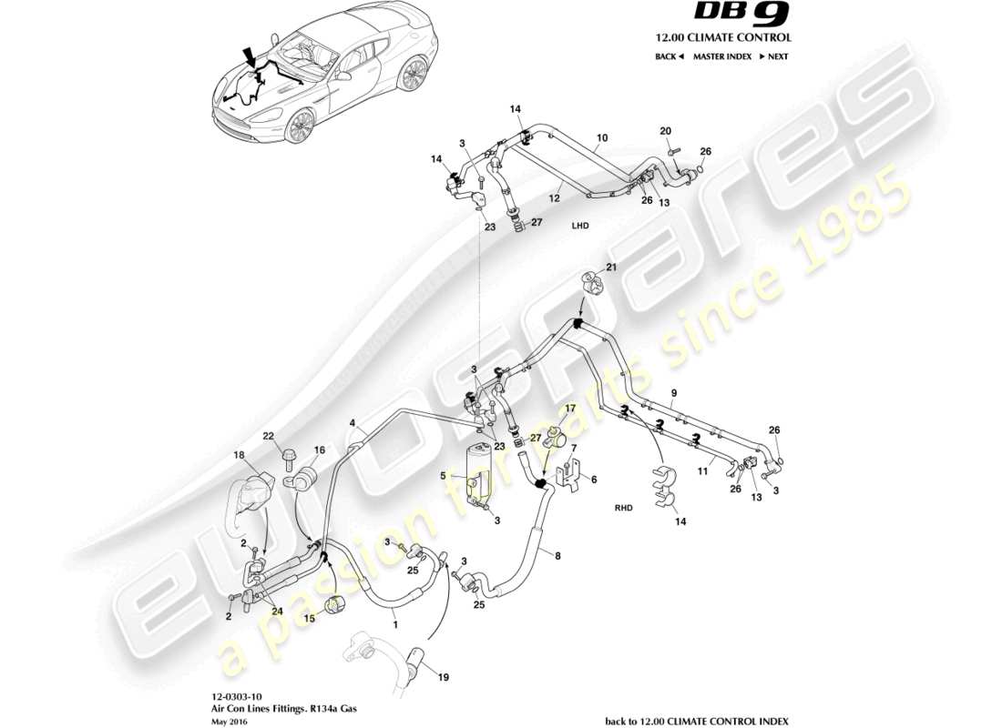 aston martin db9 (2016) air con lines, r134a gas part diagram