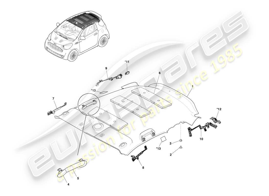 aston martin cygnet (2012) headliner assembly part diagram