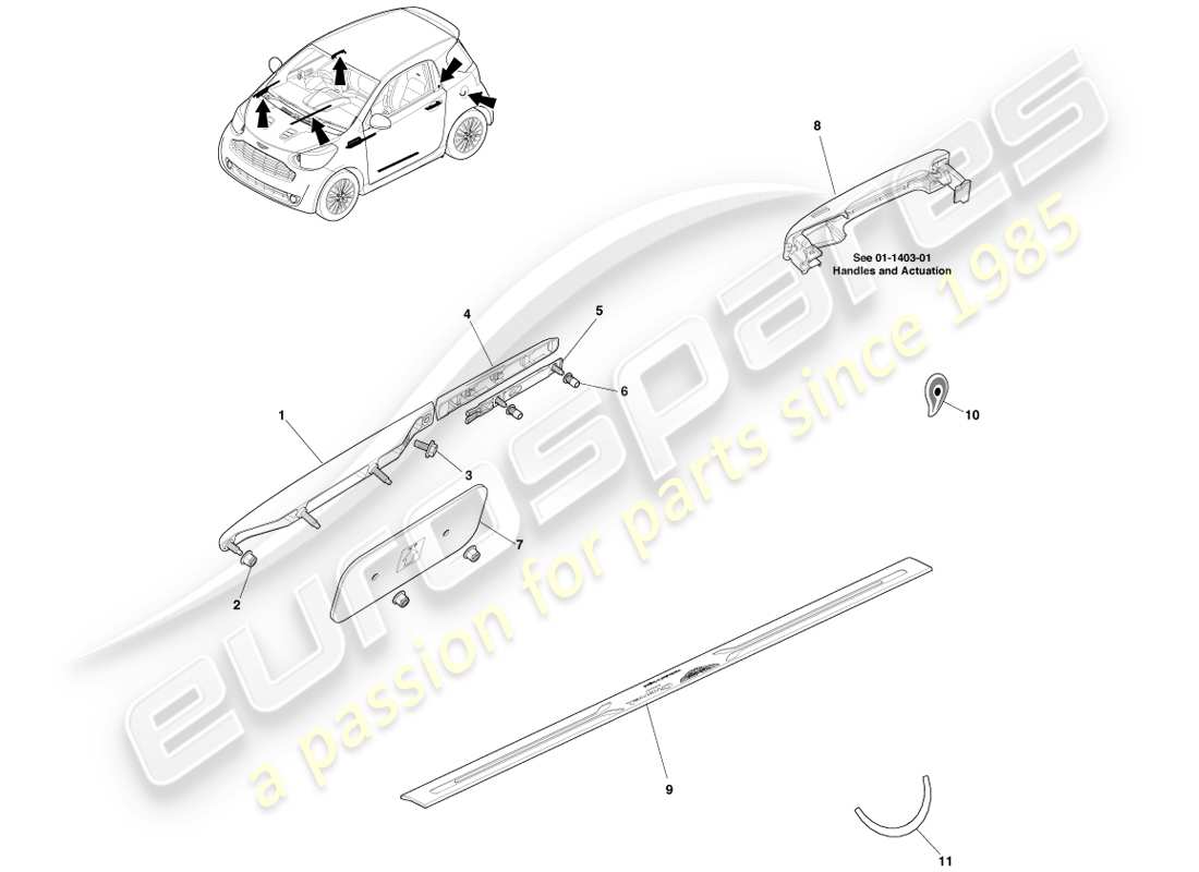 aston martin cygnet (2012) body side and quarter ornamentation part diagram