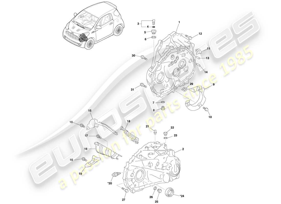 aston martin cygnet (2012) clutch housing and transmission case part diagram