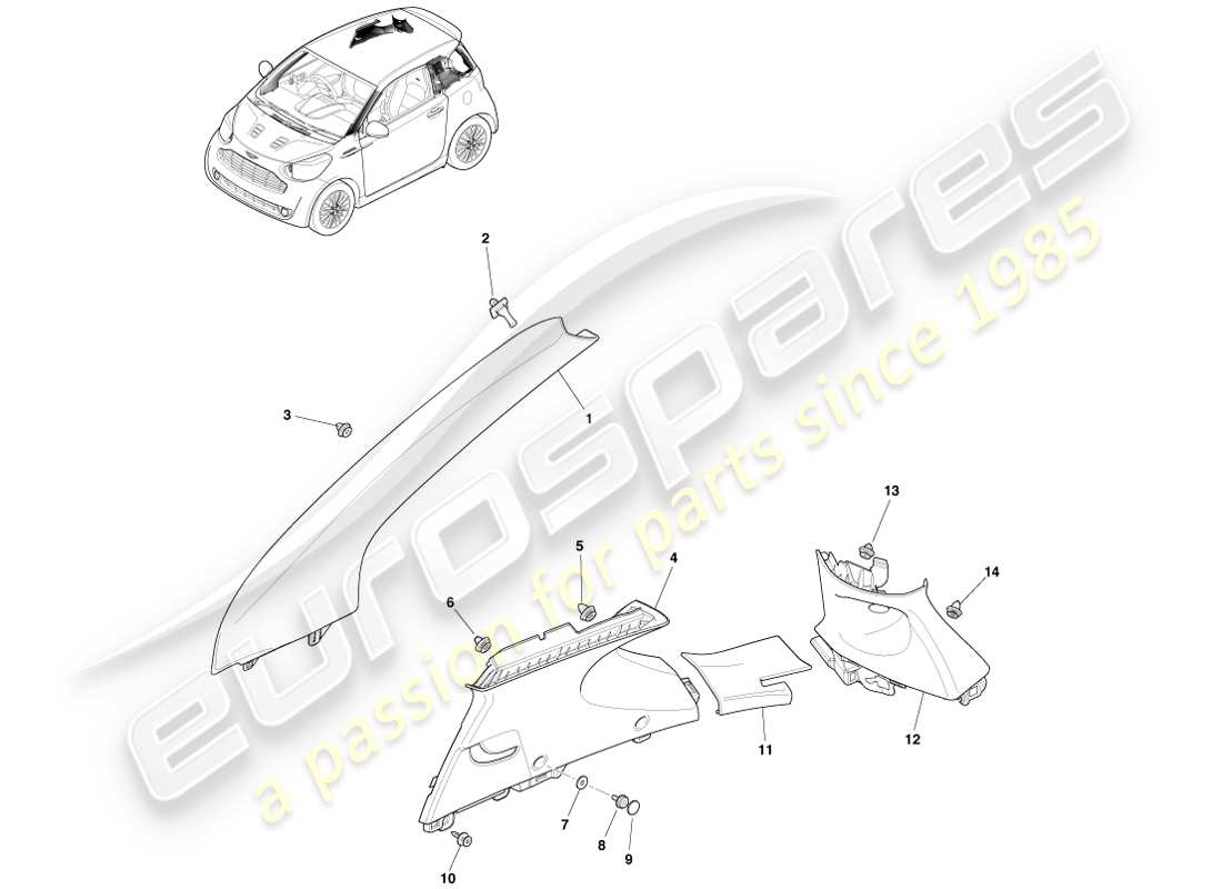 aston martin cygnet (2012) upper pillar trim part diagram