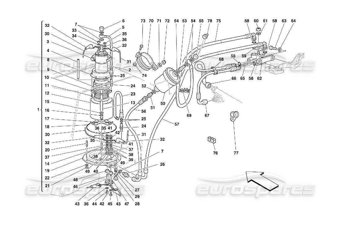 ferrari 355 (2.7 motronic) fuel pump and pipes part diagram