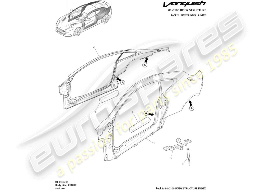 aston martin vanquish (2015) body side, coupe part diagram