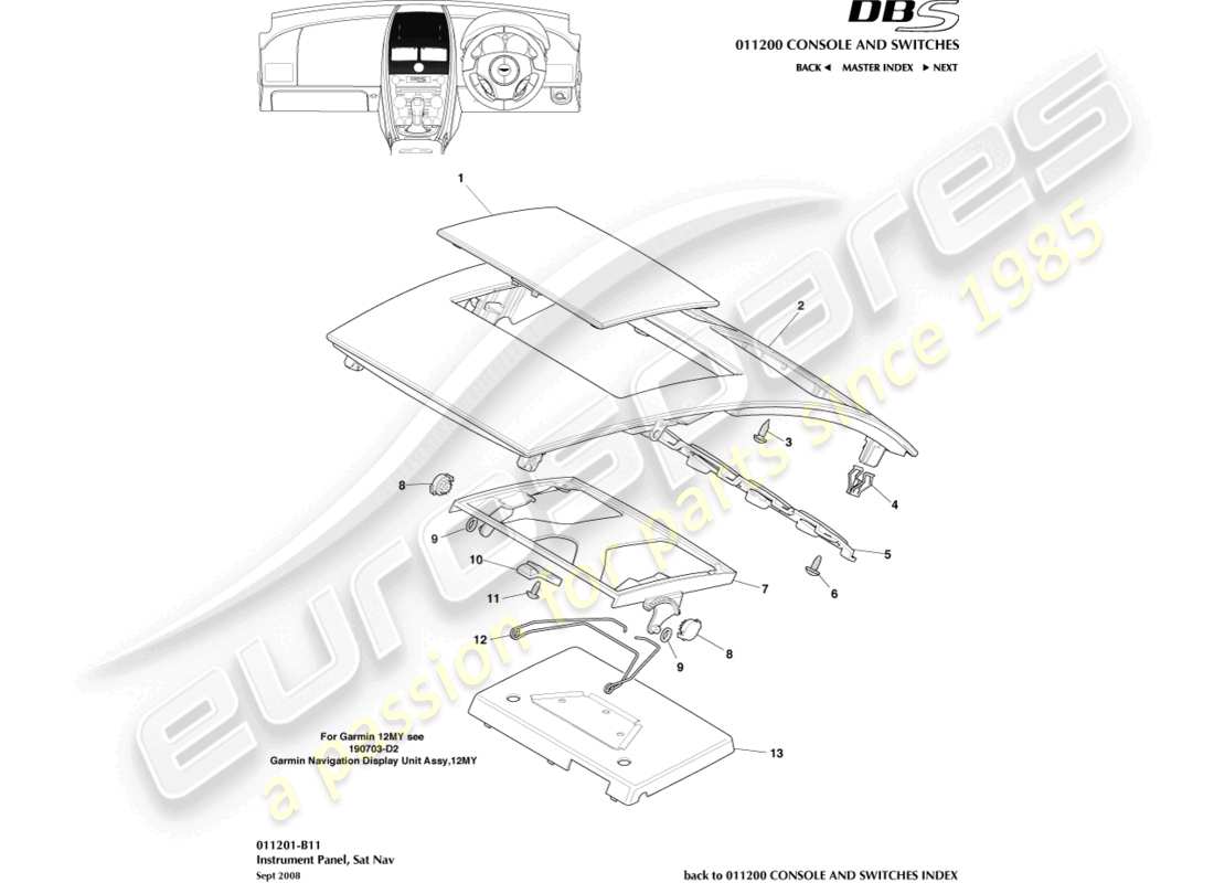 aston martin dbs (2011) instrument panel, sat nav, 09my part diagram