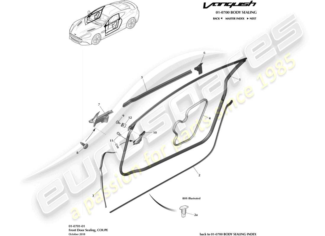 aston martin vanquish (2015) door weatherstrips, coupe part diagram