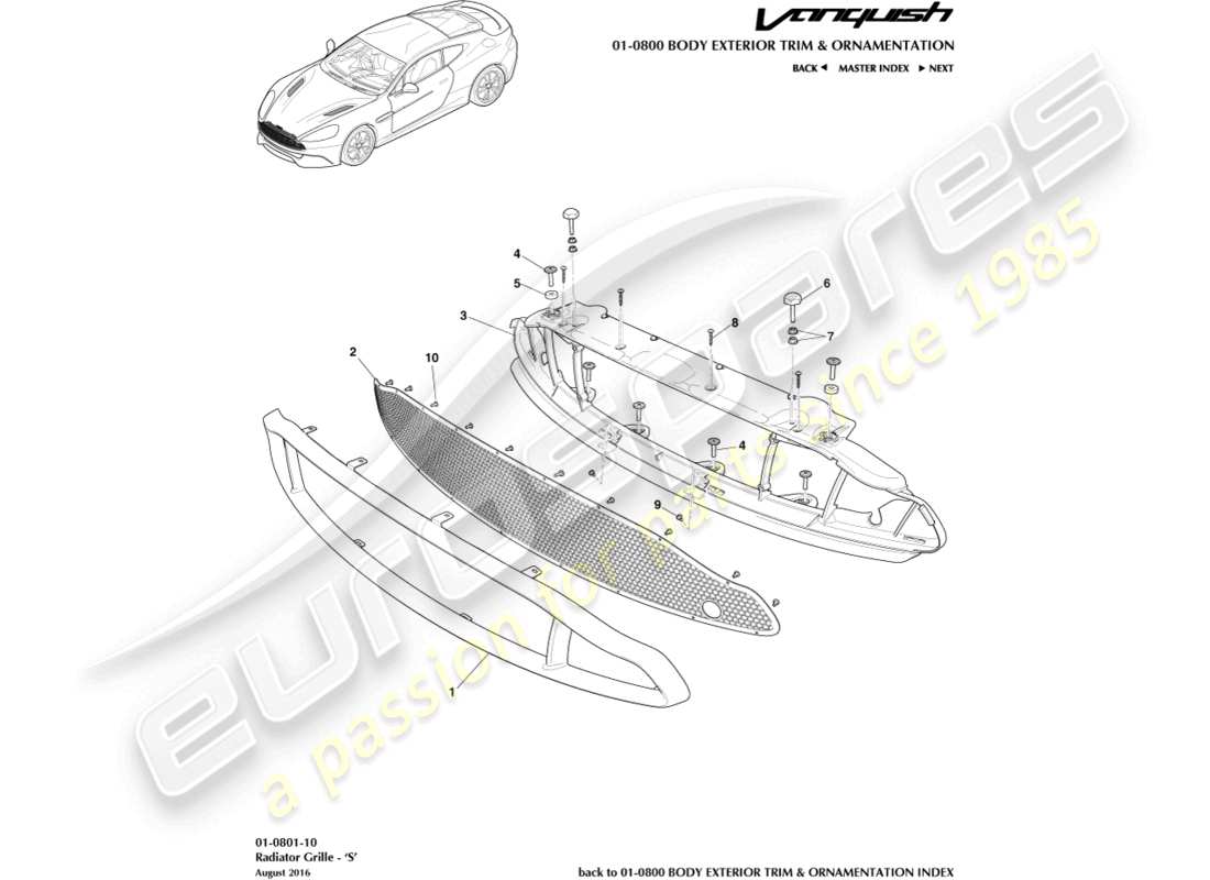 aston martin vanquish (2015) radiator grille, s part diagram