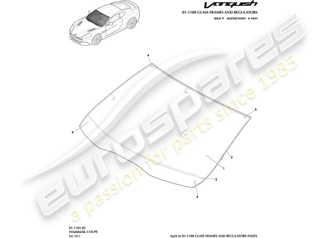 aston martin vanquish (2015) windshield, coupe part diagram