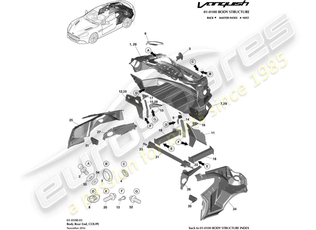 aston martin vanquish (2018) body rear end, coupe parts diagram