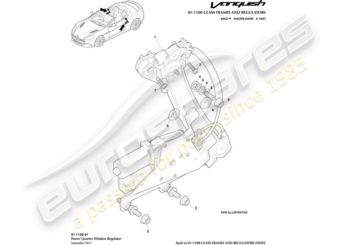 aston martin vanquish (2018) rear quarter window regulator, volante parts diagram