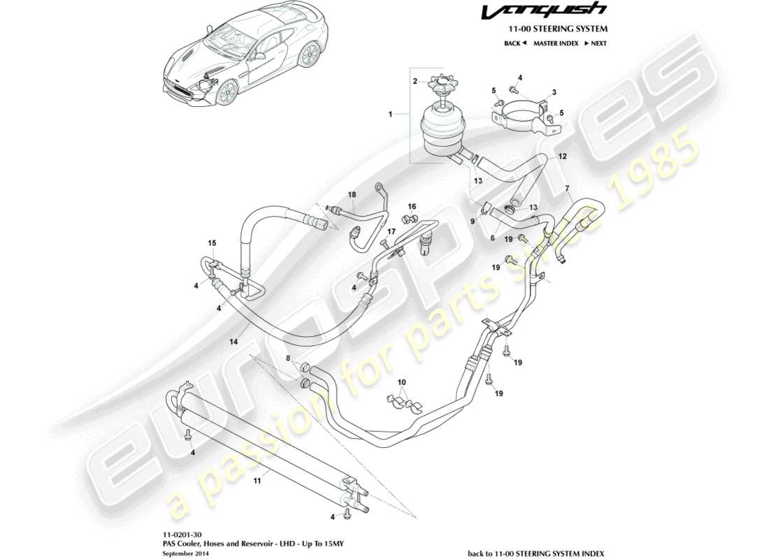 aston martin vanquish (2017) pas hoses, lhd to 15my part diagram