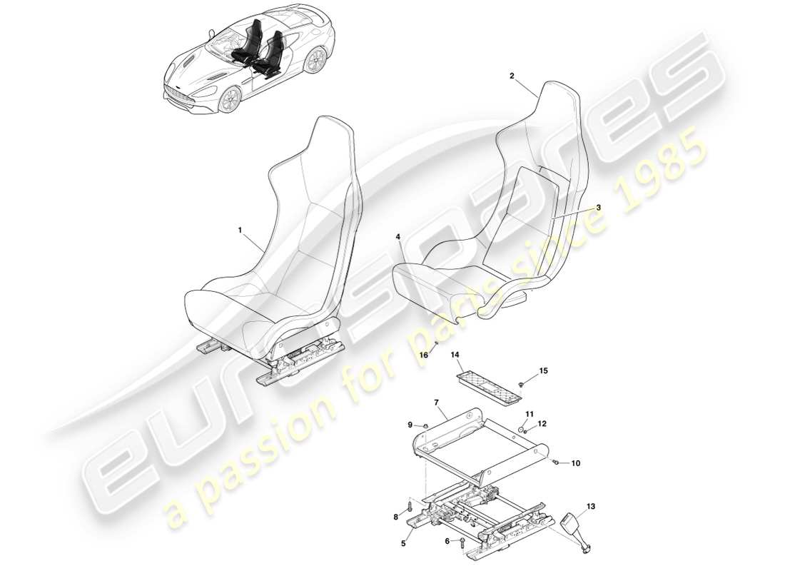 aston martin vanquish (2014) front lightweight seats part diagram