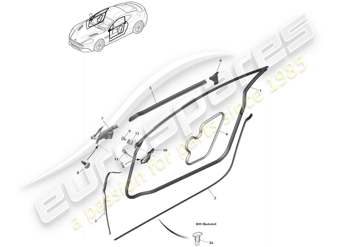 aston martin vanquish (2013) door weatherstrips, coupe part diagram