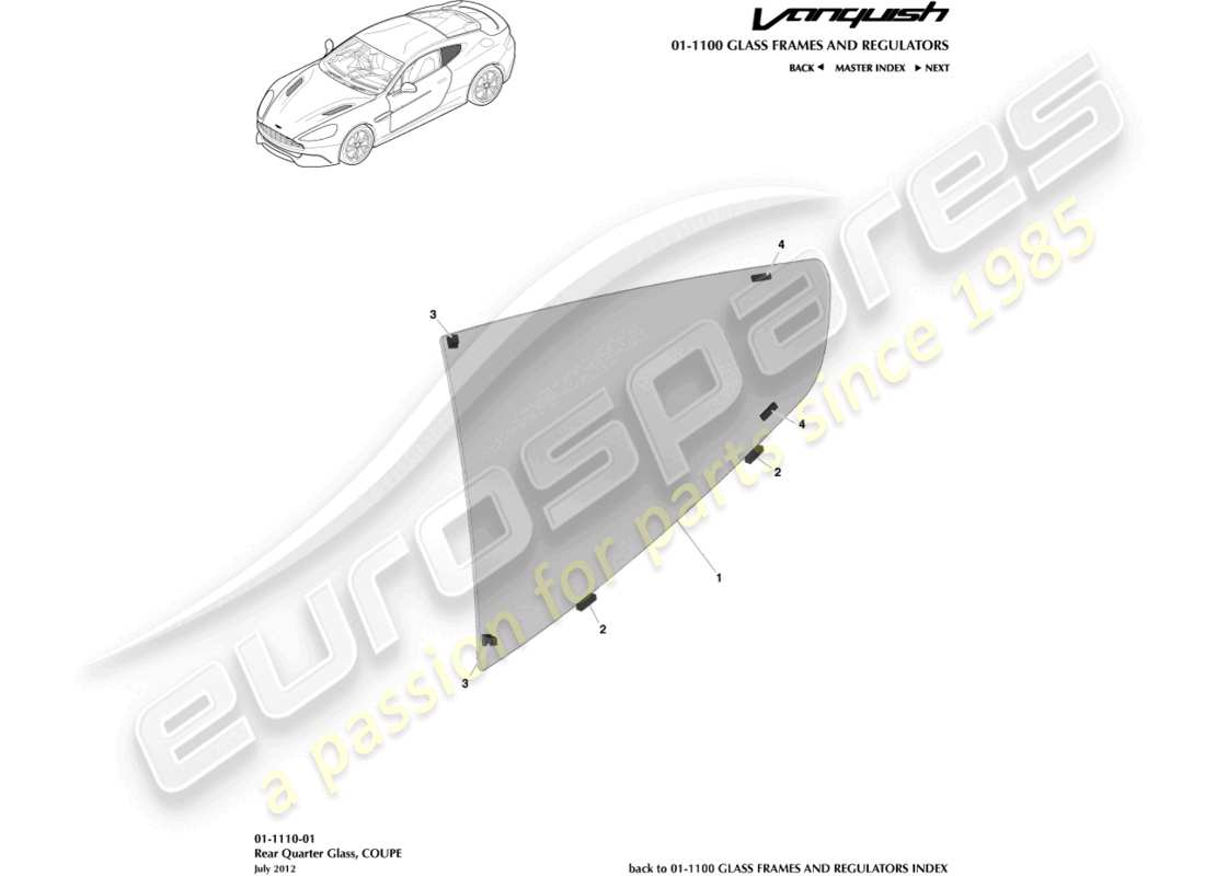 aston martin vanquish (2015) rear quarter glass, coupe part diagram