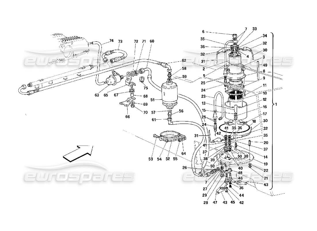 ferrari 348 (2.7 motronic) fuel pump and pipes part diagram