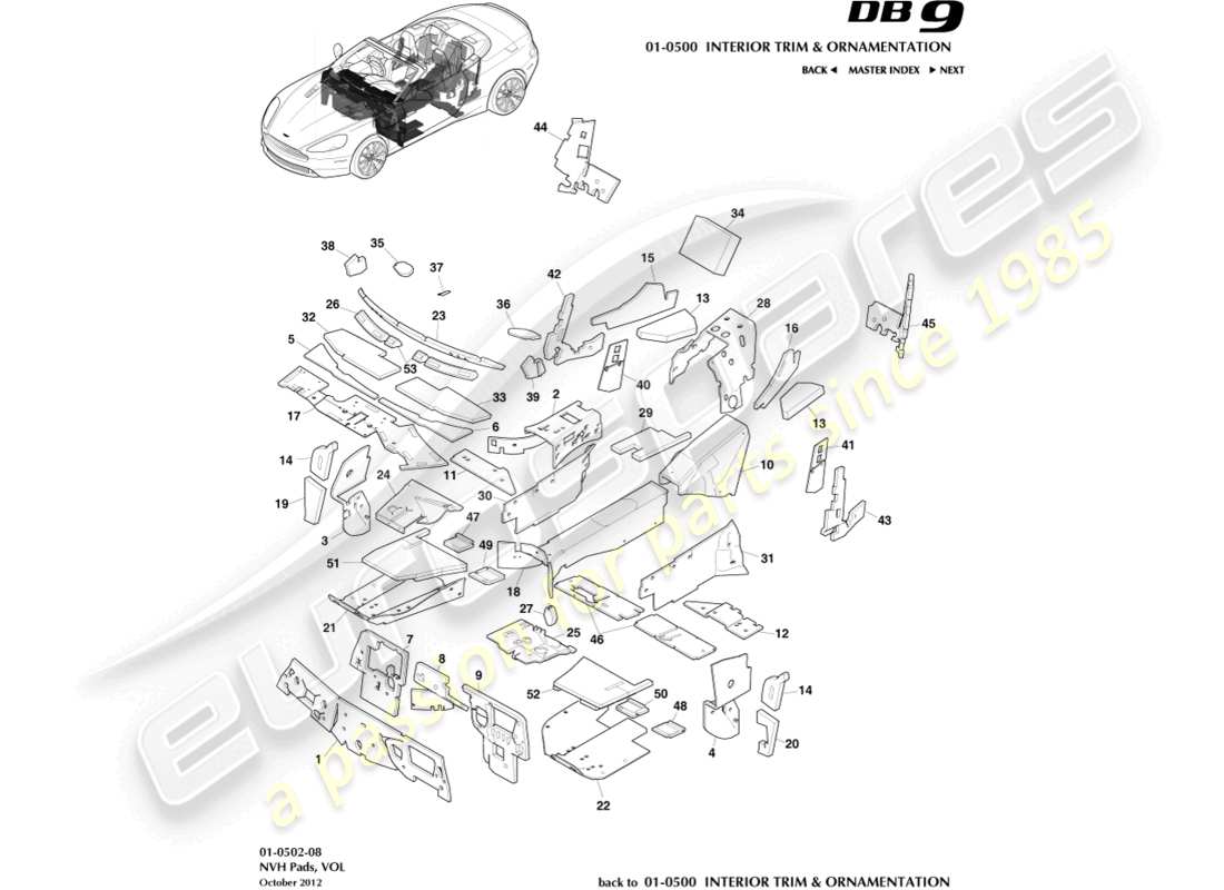 aston martin db9 (2016) nvh pads, volante part diagram