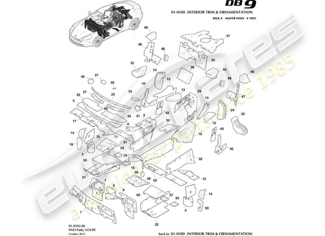 aston martin db9 (2016) nvh pads, coupe part diagram
