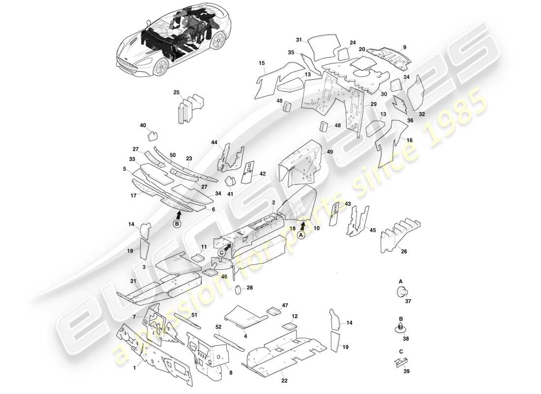 aston martin vanquish (2014) nvh pads, coupe part diagram