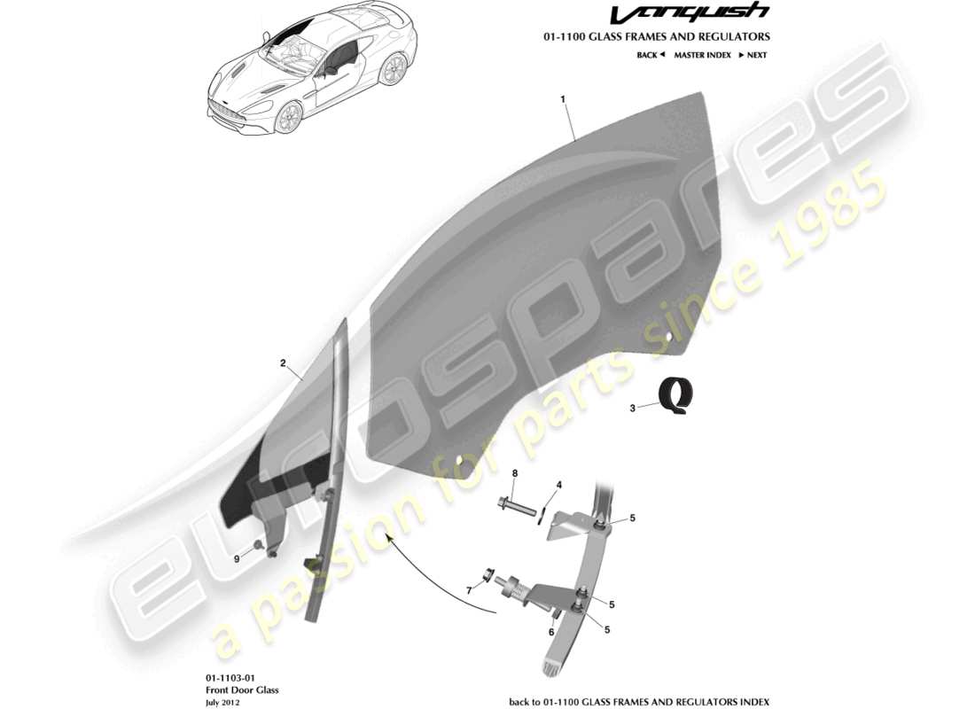 aston martin vanquish (2015) front door glass part diagram