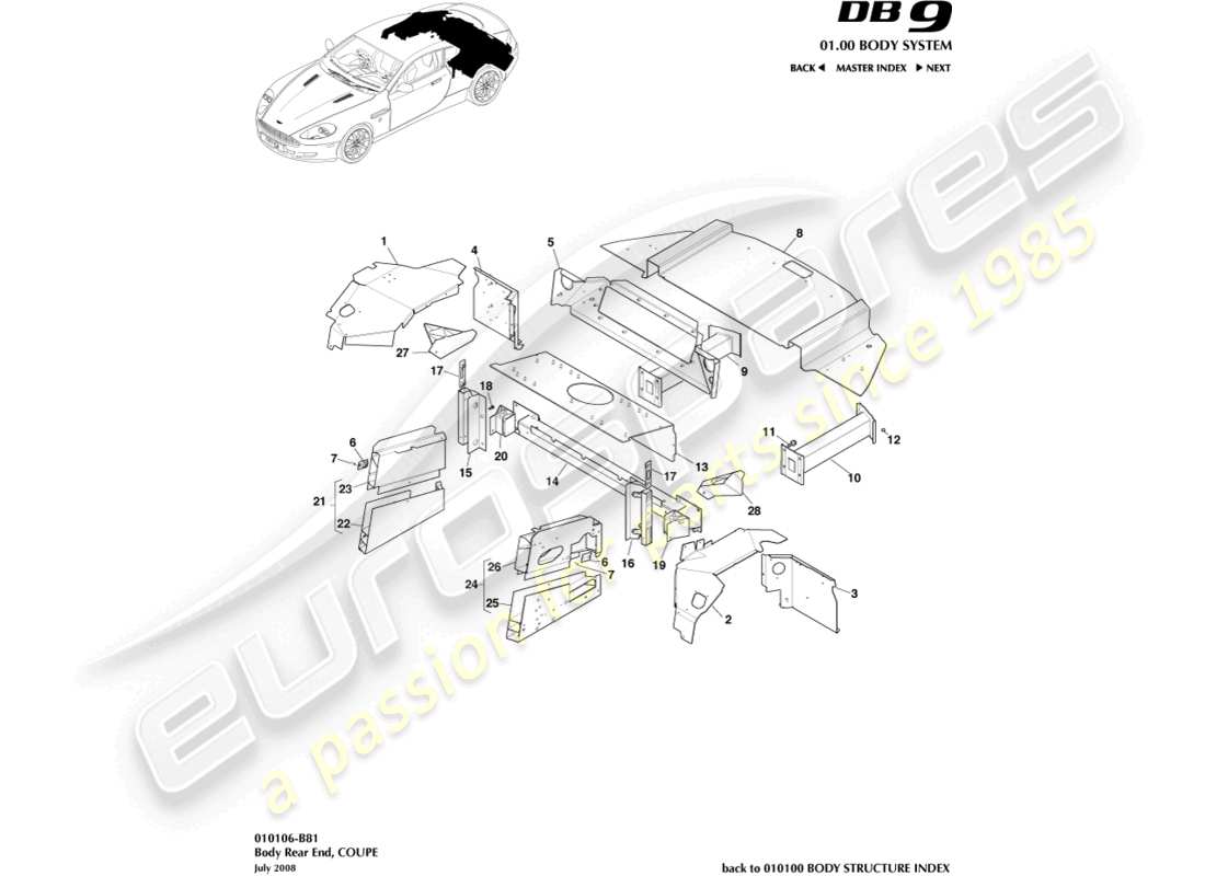 aston martin db9 (2004) body rear end, coupe parts diagram