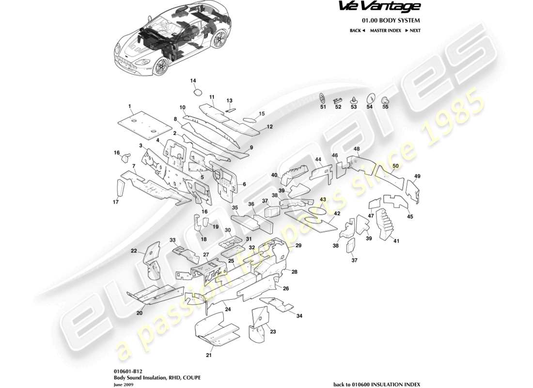 aston martin v12 vantage (2010) body insulation, coupe rhd part diagram