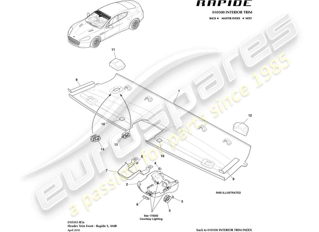 aston martin rapide (2014) front header trim, s part diagram