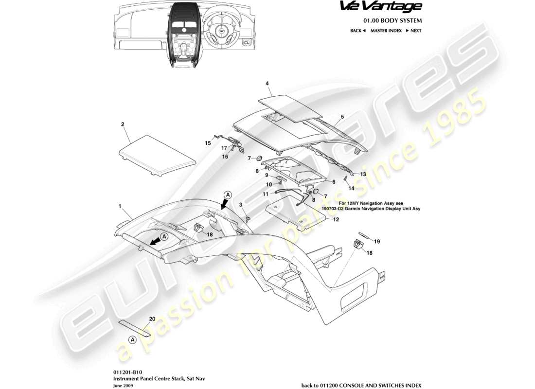 aston martin v12 vantage (2011) centre stack, with sat nav part diagram