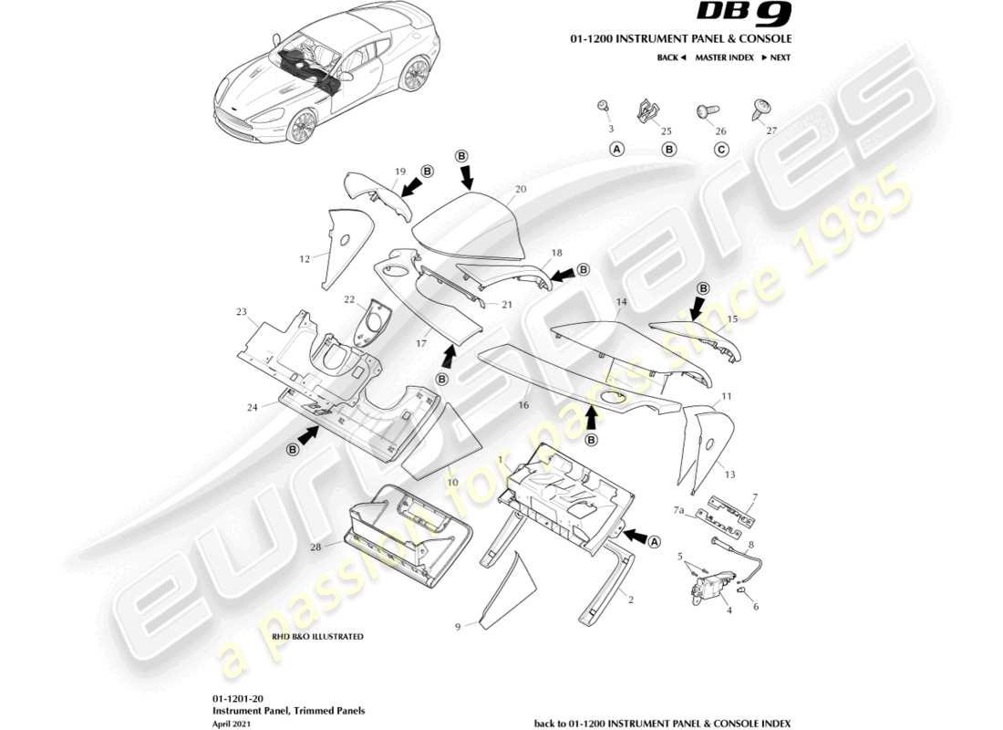 aston martin db9 (2017) ip trimmed panels part diagram