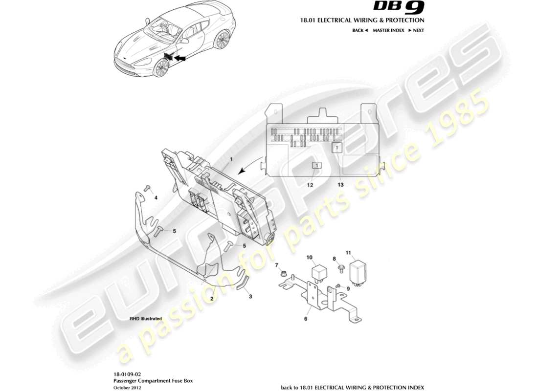 aston martin db9 (2013) passenger compartment fusebox part diagram