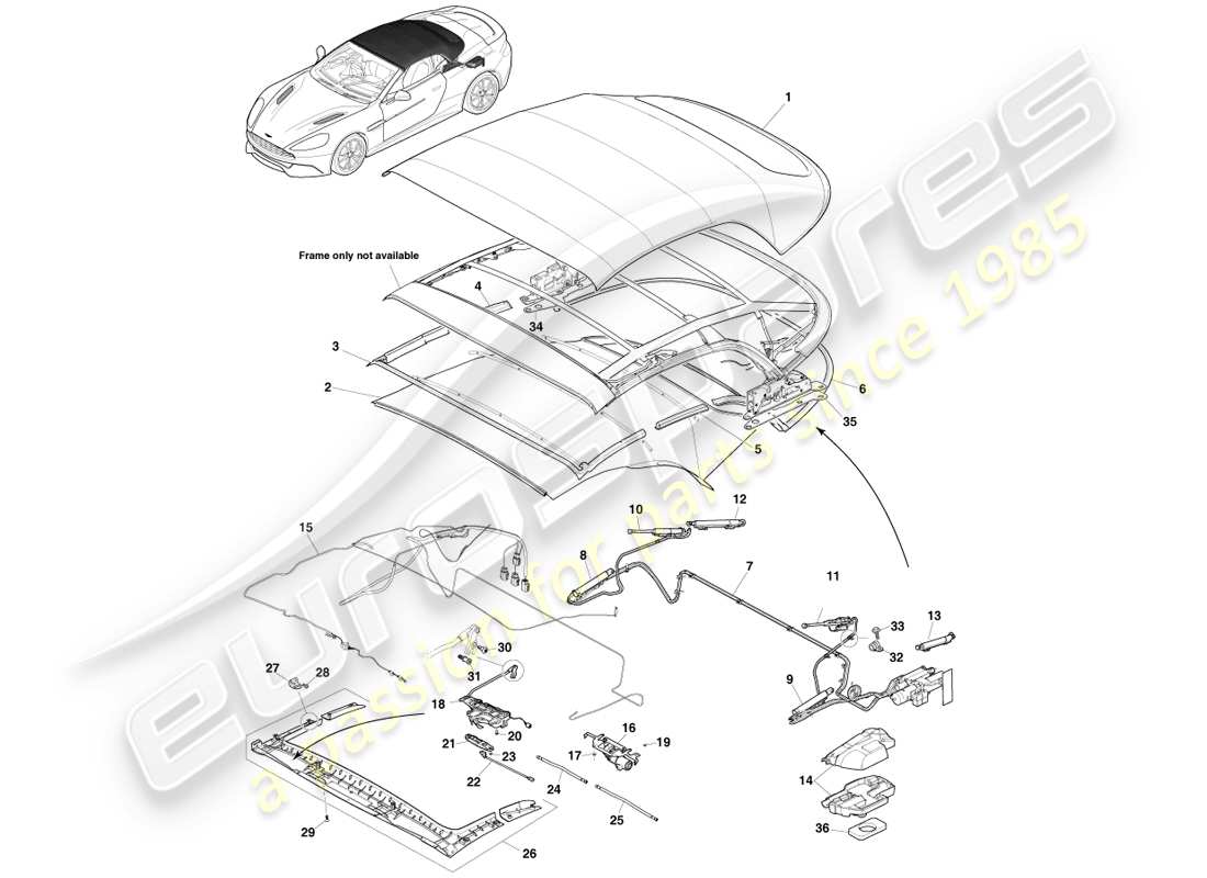 aston martin vanquish (2014) volante roof assembly part diagram