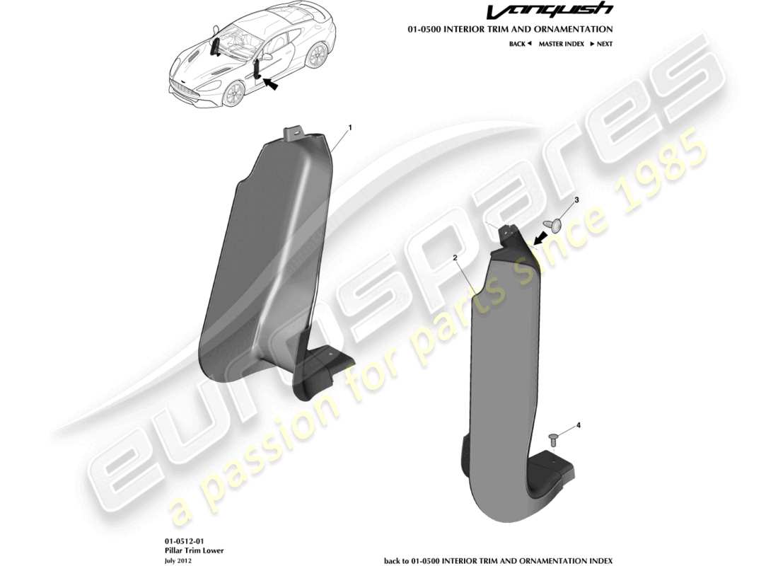 aston martin vanquish (2018) pillar trim, lower parts diagram