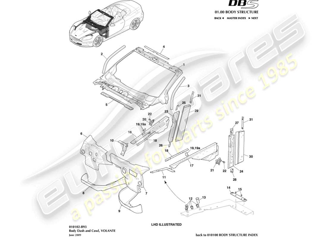 aston martin dbs (2011) body dash and cowl, volante part diagram