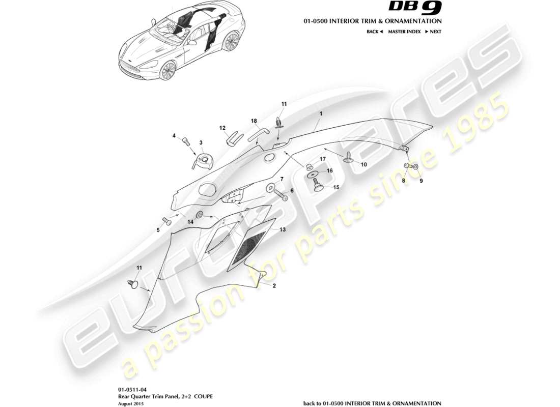aston martin db9 (2013) rear quarter trim panel, 2+2 coupe part diagram