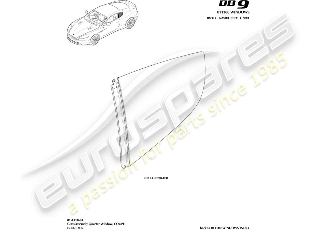 aston martin db9 (2017) rear quarter glass, coupe part diagram