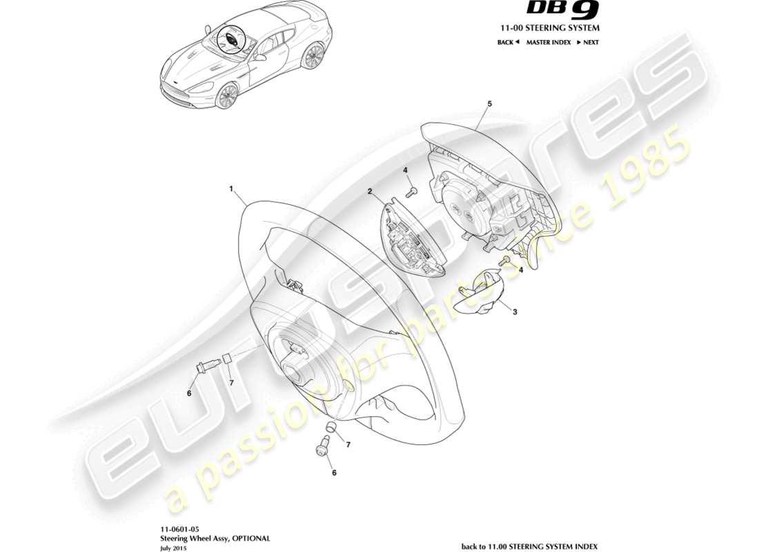 aston martin db9 (2013) steering wheel, optional part diagram