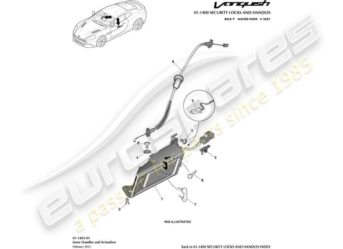 aston martin vanquish (2015) inner handles & actuation part diagram