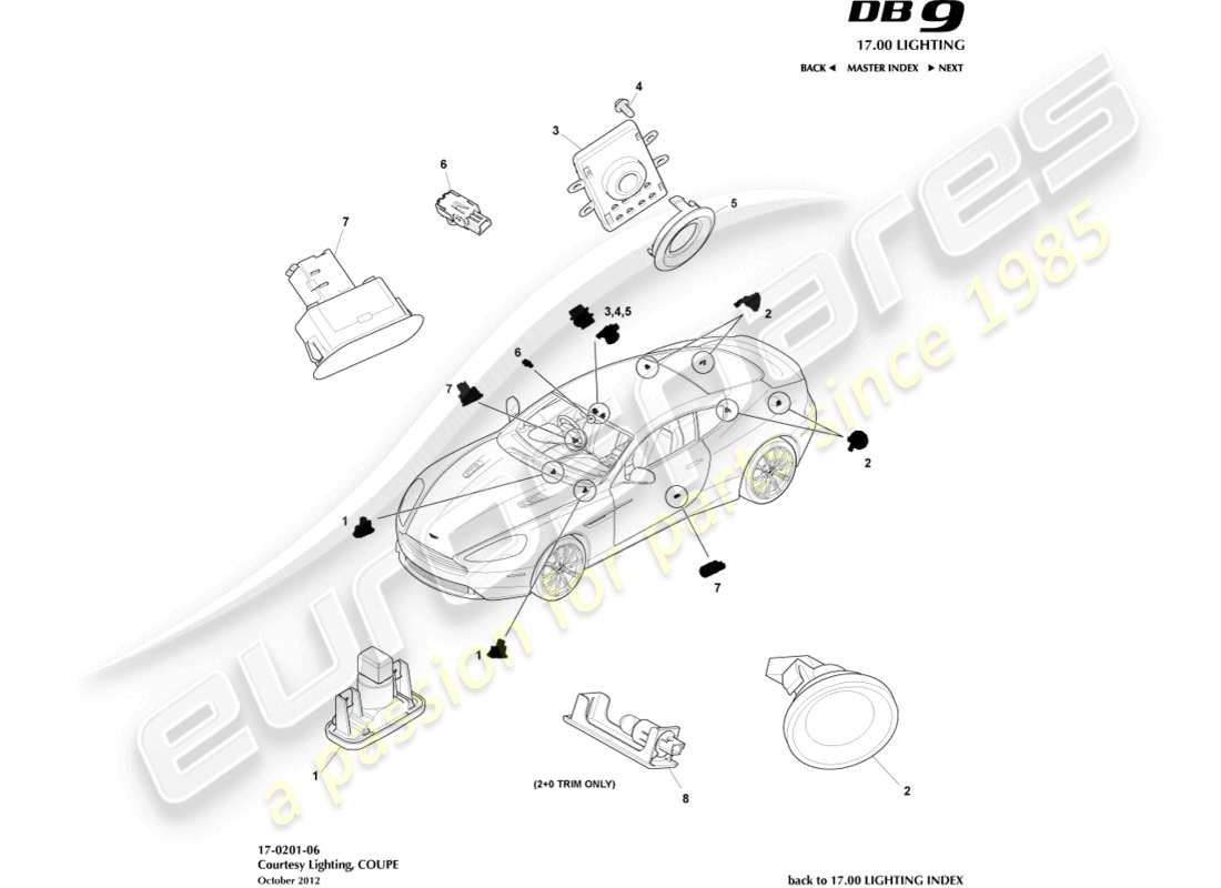 aston martin db9 (2013) courtest lighting, coupe part diagram
