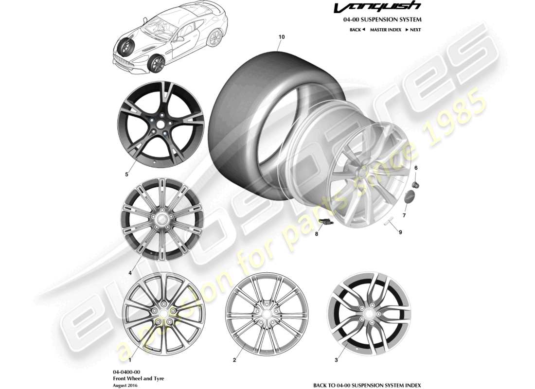aston martin vanquish (2018) wheel & tyres, front parts diagram