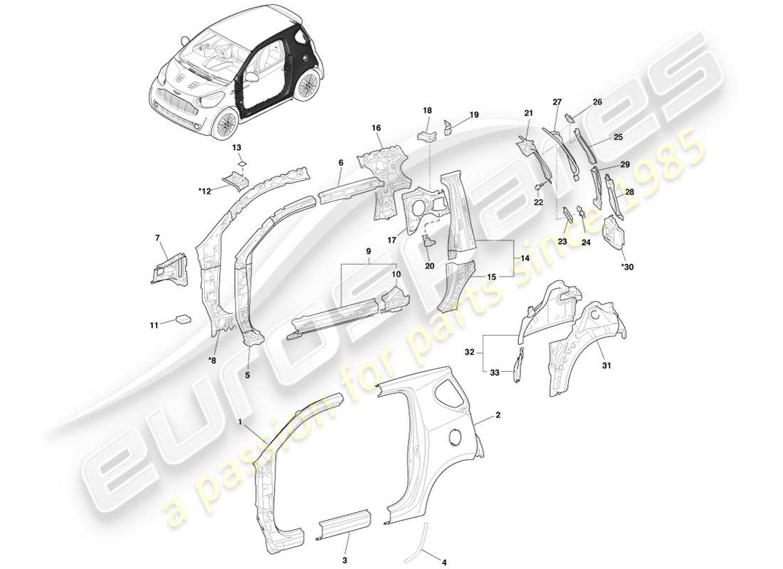 aston martin cygnet (2012) bodyside & quarter panel, lhs part diagram