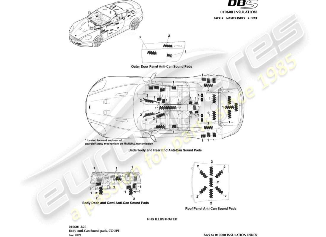 aston martin dbs (2014) anti-can sound pads, coupe part diagram